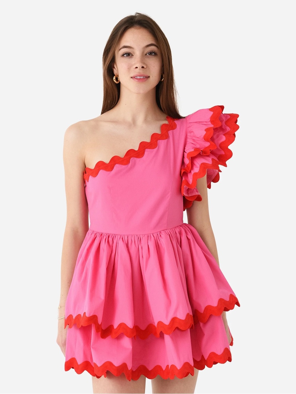 Entro Fiesta One Shoulder Ruffle Tiered Mini Dress Romper NWT in Hot Pink & Red